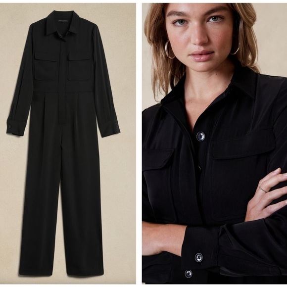 NWT! Banana Republic Black Long Sleeve Wide Leg Jumpsuit - Size 4 petite 🦒 - Picture 3 of 4